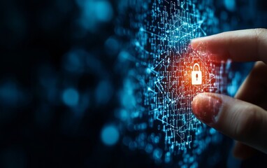 Poster - A hand touches a glowing lock symbol on a digital interface, representing cybersecurity and data protection in a modern tech environment.