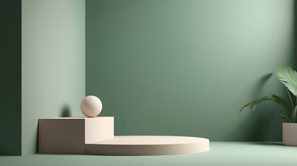 Poster - a modern geometric design with a sphere on a podium and plant. The combination of geometric shapes and natural elements.