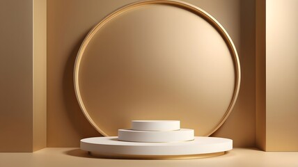 Poster - a sleek, golden circular pedestal, designed for product display. The elegant design of the podium with geometric golden background, creates a sophisticated, luxurious, and eye-catching setting 