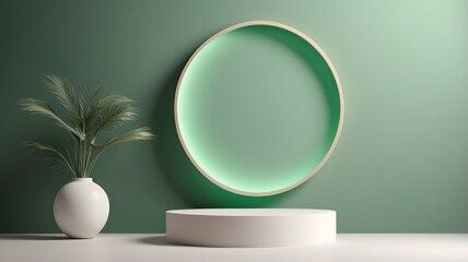 Aufkleber - a serene, minimalist studio scene with a small plant in a vase, podium, and a circular wall decor against a green backdrop. The scene has a simple and elegant design