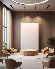 Poster - an inviting and modern meeting room designed for collaboration, with a central podium and comfortable seating