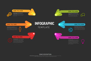Poster - A vibrant Dark infographic template featuring colorful arrows with text boxes. The layout includes six arrows pointing outward, each with a unique color and icon for diverse content presentation.