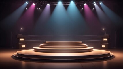 Aufkleber - a stage with colorful spotlights illuminating the platform, ready for an event or performance. The stage has a podium with lights