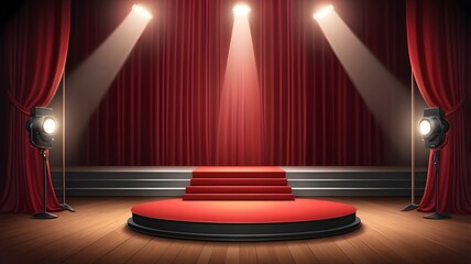 Poster - a theater stage with red curtains and spotlights, perfect for presentations or performances. The stage has red carpets and wooden floors