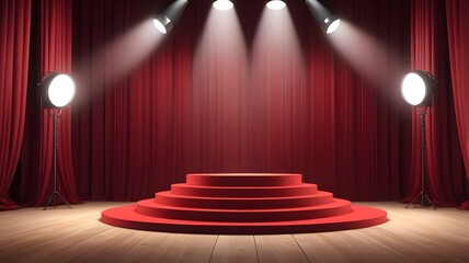 Poster - a spotlight illuminates a red stage with a multi-tiered platform and curtain backdrop