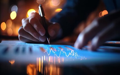 Poster - A person is analyzing data trends on a touchscreen, using a pen, with blurred lights in the background creating a dynamic atmosphere.