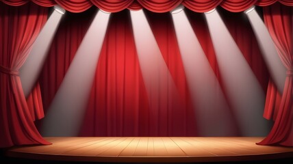 Aufkleber - a stage with a red curtain and spotlights, ready for a performance. The stage is empty and the lights create a dramatic effect