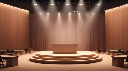 Poster - a stage for presentation with spotlight with empty chairs. The setting is a professional and modern interior, with focus on the podium.