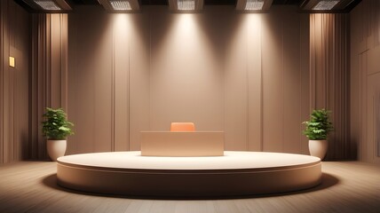 Aufkleber - a modern stage with spotlights, plants, and a podium, perfect for presentations or events. The scene has a warm, inviting atmosphere