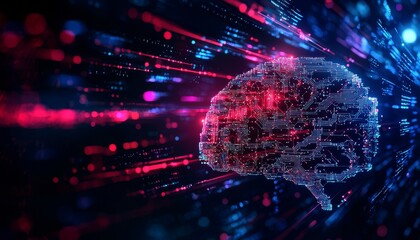 Poster - A digital representation of a brain illuminated by vibrant data streams, symbolizing the intersection of technology and intelligence.