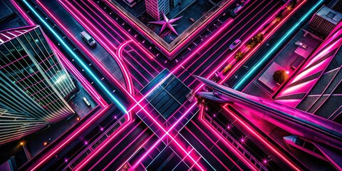 Poster - Luxurious Abstract: Bold Neon Pink & Black Diagonal Lines Aerial View