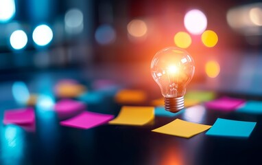 Poster - A glowing light bulb hovers above colorful sticky notes, symbolizing creativity and bright ideas in a modern workspace.