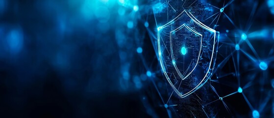 Poster - A digital shield representing cybersecurity and protection, showcased against a blue, networked background.
