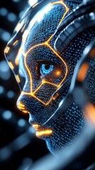 Poster - Futuristic AI Cyborg Face Mesh High-Tech Lab Digital Art Sci-Fi Environment Close-Up View Advanced Technology Concept