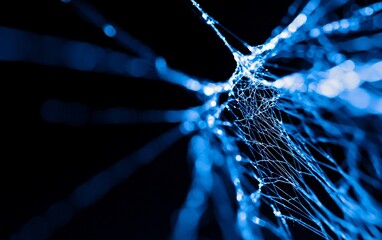 Fototapete - A close-up view of intricate blue threads resembling a web against a dark background, showcasing delicate patterns and textures.