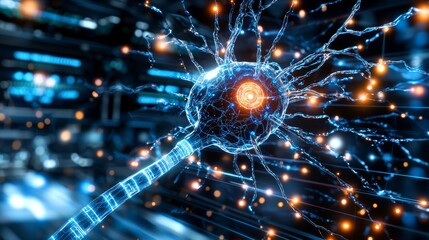 Aufkleber - Microscopic Neuron Cell Neural Net Interaction Digital Lab Scientific Illustration Virtual Environment 3D Perspective
