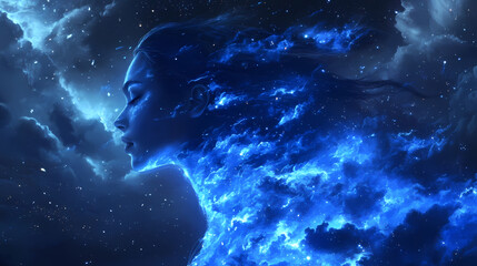 Wall Mural - serene woman engulfed in ethereal blue flames against a dramatic night sky. ethereal star goddess. i