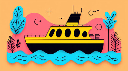 Poster - Transportation, Ferry transporting people across a river in a flat illustration style, high fidelity version 2, 4.3x scale.