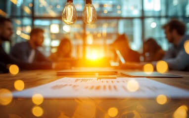 Poster - A warm, golden sunset illuminates a meeting room, with people engaged in discussion around a table, creating a collaborative atmosphere.
