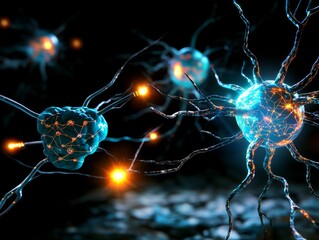 Aufkleber - Microscopic View of Interconnected Neurons Scientific Research Lab Digital Art Dark Environment Close-Up Neural Networks
