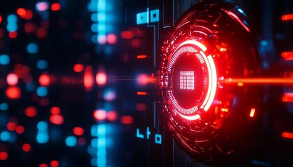 Poster - A futuristic digital interface featuring vibrant red and blue lights, showcasing intricate patterns and a central glowing element.