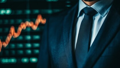 Poster - a businessman in a suit stands confidently with a rising graph in the background, symbolizing growth