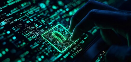 Poster - A hand interacts with a digital interface displaying a green padlock symbol, representing cybersecurity and data protection.