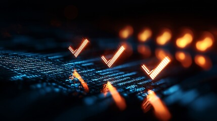 Poster - A digital representation of check marks glowing over a background of binary code, symbolizing completion and verification in technology.