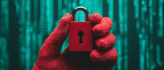 Poster - A hand in a red glove holds a red padlock against a backdrop of digital binary code, symbolizing security and privacy in the digital age.