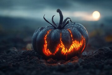 Wall Mural - A mysterious black tomato growing in a haunted garden under a full moon, glowing with eerie red veins