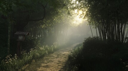 Poster - A quiet bamboo forest with only soft morning light peeking through