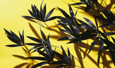 Wall Mural - minimalist arrangement of tropical palm leaves casting shadows on a bright yellow background, soft n