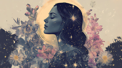 Wall Mural - artistic depiction of virgo zodiac sign featuring a mystical woman surrounded by celestial elements.