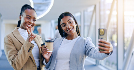 Aufkleber - Happy woman, business and selfie with coffee and peace sign for photography, memory or social media at office. Female person, friends or employees smile for photograph, picture or vlog at workplace