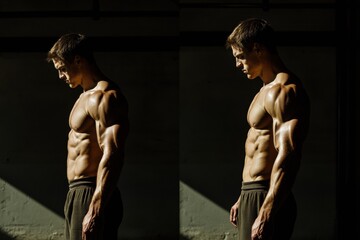 Aufkleber - Muscular man focuses on his fitness routine while training in a gym during evening hours with low lighting. Generative AI