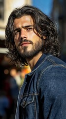 Poster - A man with a beard and long hair is wearing a blue jacket