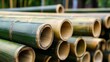 © suyu - Large quantities of bamboo cut into sections for structural use, showcasing sustainable building material, eco-friendly construction, and green architecture for modern construction projects