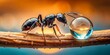 © Four888 - Macro Photography: Black Ant Drinking Water Droplet on Branch