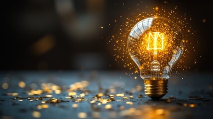 Poster - Radiant light bulb surrounded by a cascade of gold particles creating a magical and dreamy atmosphere