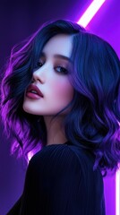 Poster - A woman with purple hair is standing in front of a purple background