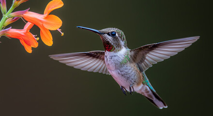 hummingbird feeding from orange flower in mid-flight