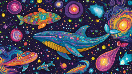 Wall Mural - galactic whimsical whales doodle