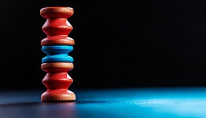 Poster - A colorful stack of wooden toys featuring blue and red pieces, set against a dark backdrop, emphasizing simplicity and playfulness.