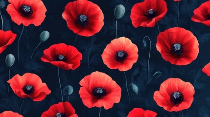 Wall Mural - Poppies Blooming on Dark Floral Background