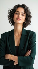 Poster - A woman in a green jacket and black top is smiling and wearing a gold necklace