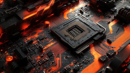 Poster - Close-up of computer motherboard with flames burning in background creating a dramatic contrast