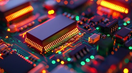 Poster - A close-up view of a colorful circuit board with glowing components and intricate patterns, showcasing technology and electronic design.