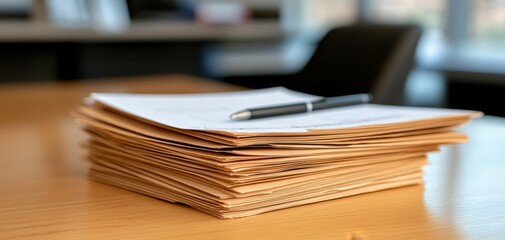 Poster - A stack of papers rests on a wooden desk, with a pen placed on top, suggesting an organized workspace ready for writing or reviewing documents.