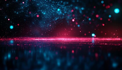 Poster - A vibrant, abstract background featuring sparkling particles in shades of blue, pink, and red, creating a cosmic and dynamic atmosphere.