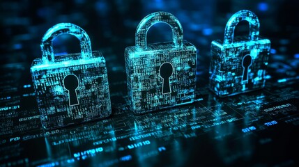 Poster - Three glowing digital locks symbolize cybersecurity and data protection against online threats in a futuristic setting.
